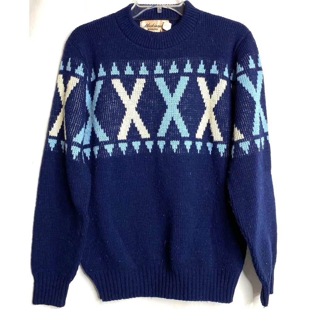 Vintage Mackinaw Woolens Traverse Bay Fair Isle Blue Acrylic Sweater Large USA